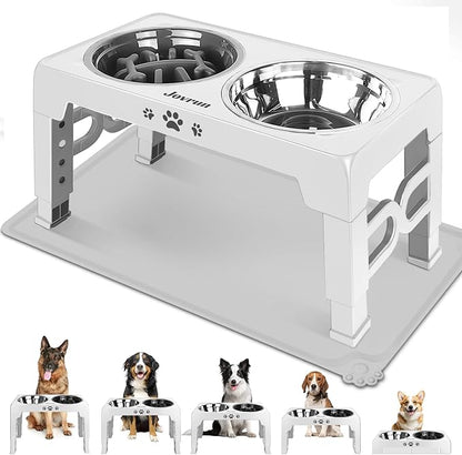 Jovrun Elevated Dog Bowls for Medium Size Dogs with Mat, Non-Slip Dog Feeder with 1*Stainless Steel Dishes & 1*Slow Feeder Bowl, 5 Heights Adjustable Raised Bowls for 3.15″-8.66″-9.84″-11.02″-12.2″