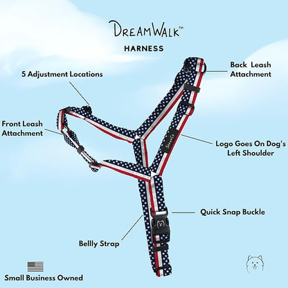 ShawnCo Dream Walk No-Pull Dog Harness- Adjustable, Comfortable, Easy to Use Pet Halter to Help Stop Pulling for Small, Medium and Large Dogs- Art Pattern Designs (Stars and Stripes, S)