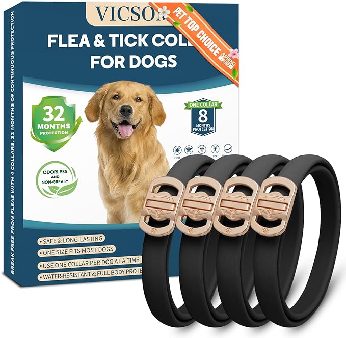 Flea and Tick Collar for Dogs 4 Pack, 32 Months Prevention, Waterproof, Adjustable for Small Medium Large Dogs Puppies (Black)