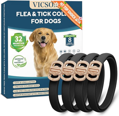Flea and Tick Collar for Dogs 4 Pack, 32 Months Prevention, Waterproof, Adjustable for Small Medium Large Dogs Puppies (Black)