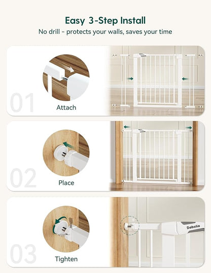 Babelio 36" Tall Baby Gate, PressGuard P7, 29-55" Auto Close Pressure Mounted Dog Gate for Doorways & Hallway, Basics Easy Walk Thru Pet Gate, Extra Wide Metal Child Gate, White