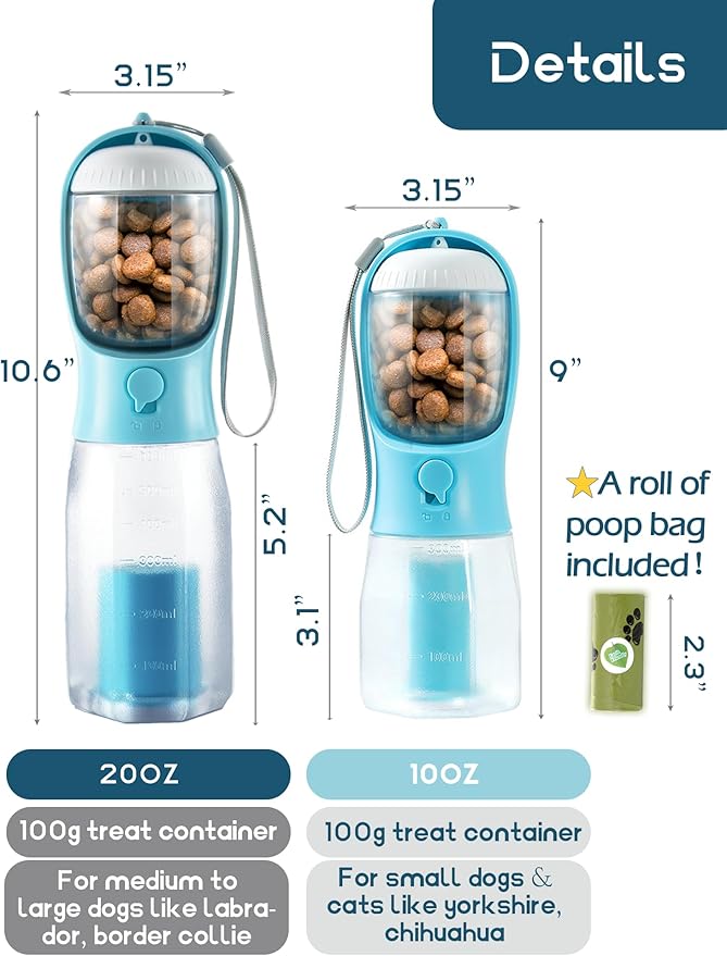 Portable Water Bottle for Dogs, 3 in 1 Pet Travel Bowl Dispenser with Food Treat Container & Poop Bag Holder, Summer Outdoor Walking Hiking Accessories for Large Dog On The Go - Gray, 20oz