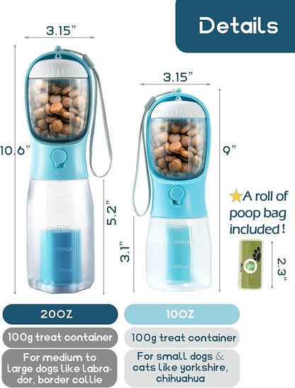 Portable Water Bottle for Dogs, 3 in 1 Pet Travel Bowl Dispenser with Food Treat Container & Poop Bag Holder, Summer Outdoor Walking Hiking Accessories for Large Dog On The Go - Gray, 20oz