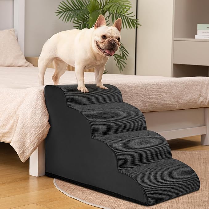Aodisman Dog Steps for Bed, 4-Step Dog Stairs Ramp for Small Dogs and Cats, Indoor Non-Slip Pet Stairs Suitable for Older, Short-Legged, and Puppy Dogs to Climb Onto High Beds and Couch, 17.4" H,Black