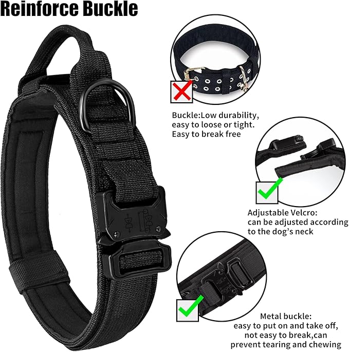 Tactical Dog Collar - Military Dog Collar, Adjustable Heavy Duty Metal Buckle Nylon Collar with Control Handle for Small Medium Large Dogs (Black, XL)