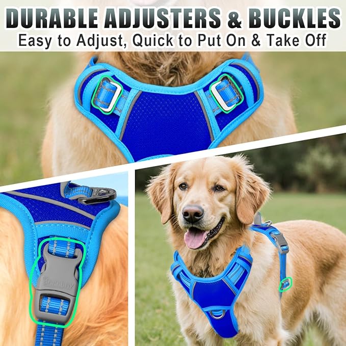 BARKBAY No Pull Dog Harness Large Reflective Dog Harness with Front Clip and Easy Control Handle for Walking Training Running with ID tag Pocket(Sapphire Blue & Blue,L)