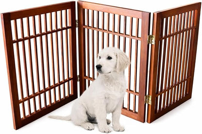 Urnporium Freestanding Wooden Dog Gate Foldable Indoor Pet Gate No Drill Expandable Barrier for Doorways Stairs Hallways Portable Wood Fence for Small Dogs & Puppies (Brown Pet Gate, 3 Panel 24" Tall)