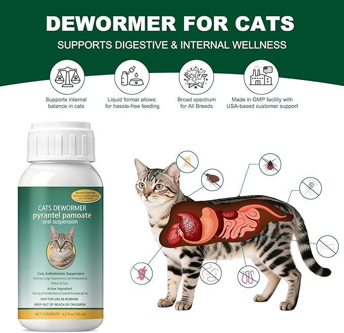Broad Spectrum for Dewormer Cats – Pyrantel Pamoate Cat Dewormer Liquid for All Wormers for Tapeworms, Roundworms & Hookworms, 120 mL (4.2 fl oz)