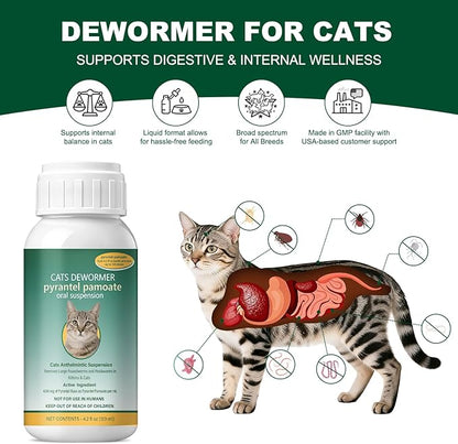 Broad Spectrum for Dewormer Cats – Pyrantel Pamoate Cat Dewormer Liquid for All Wormers for Tapeworms, Roundworms & Hookworms, 120 mL (4.2 fl oz)