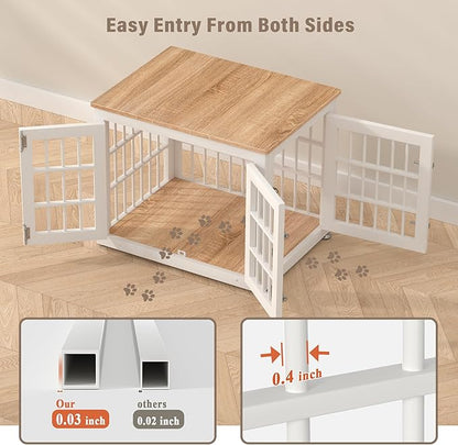 rehomerance 26 Inch Heavy Duty Dog Crate Furniture for Small Dogs, Decorative Pet House End Table, Wooden Cage Kennel Furniture Indoor, White and Natural