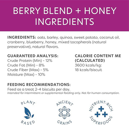 Body and Soul Berry Blend + Honey Crunchy Premium Health Training Dog Treats Superfood Oven Baked Biscuits Oats, Barley & Quinoa – Clean Natural Plant Protein, No Additives No Fillers Made in USA 10oz
