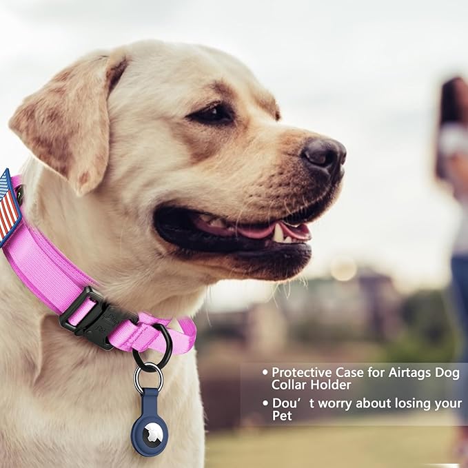 DAGANXI Tactical Dog Collar, Adjustable Military Training Nylon Dog Collar with Control Handle and Heavy Metal Buckle for Medium and Large Dogs, with Patches and Airtags Case (M, Pink)