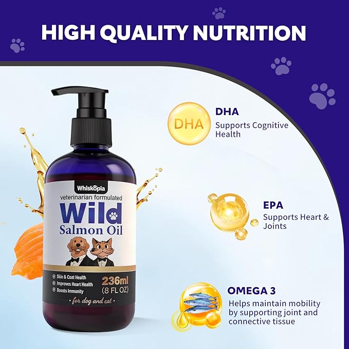 Wild Salmon Oil for Dogs & Cats Pet Omega-3 Fish Oil Supplement to Reduce Shedding and Itching, Support Joints, Brain, Heart, Skin & Coat Health Fast-Absorbing Liquid Fish Oil Supplement - 8 oz