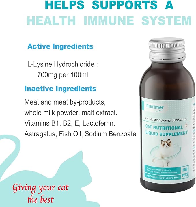 MARIMER Cat Immune Support Liquid Supplement – L-Lysine & Astragalus – Enhances Immunity and Relieves Feline Herpes Symptoms – Nutritional 3.38oz (100ml) for Cats of All Ages
