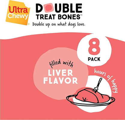 Ultra Chewy Liver, Double Treat Bones: Long-Lasting Dog Treats Made in USA for Large and Small Breeds, Highly Digestible, Ideal for Aggressive Chewers (24 Individually Packed Bones)