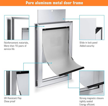 Ownpets Aluminum Large Dog Door, Pet Door with Magnetic Flap and Lockable Sliding Panel, Heavy Duty Doggy Door for Dogs Up to 100lbs(Silver)