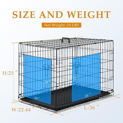 Pet Dog Crate, 36 Inches Metal Wire Large Dog Cage Double Door Folding Dog Kennel with Divider Panel, Leak-Proof Plastic Pan, Indoor Outdoor Pet Crates for Small Medium Breed Dogs Animals
