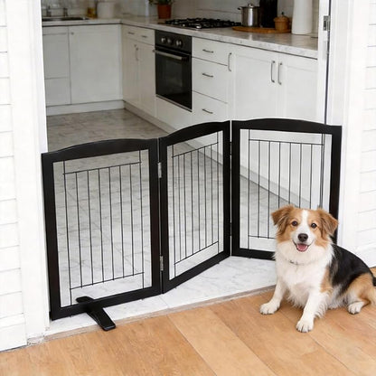 ZJSF Freestanding Dog Fence Indoor, Foldable Dog Gate for Doorways, Stairs or Hallways, Sturdy Wood Extra Wide Pet Gate with Support Feet for The House, Black, 24 "Height-3 Panels
