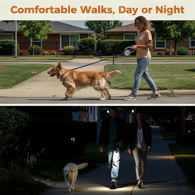 Retractable Dog Leash for Large Dogs with LED Light, 16.4ft Long Pet Leash up to 110lb Pull, 360° Tangle-Free One-Button Control for Small & Large Dogs & Cats, with Charging Cable, White