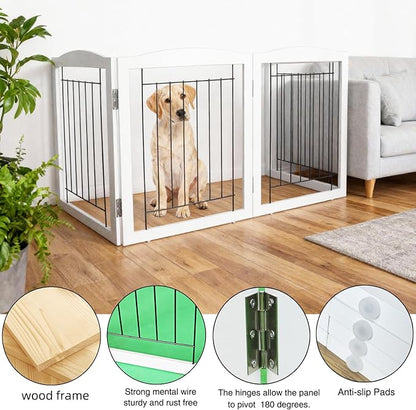 ZJSF Freestanding Foldable Dog Gate for House Extra Wide Wooden White Indoor Puppy Gate Stairs Dog Gates Doorways Tall Pet Gate 4 Panels Fence