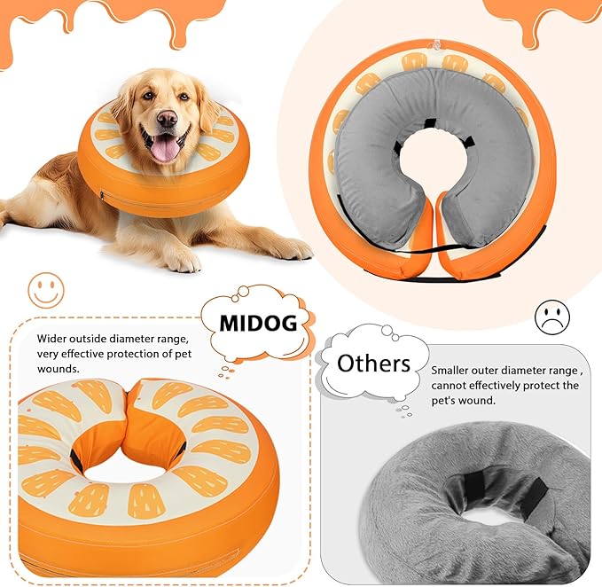 MIDOG Soft Inflatable Dog Cone,Donut E-Collar Alternative for After Surgery, Prevents Licking,Allowing Normal Eating & Vision,Comfortable Recovery Collar for Small Medium Large Dogs & Cats, Orange-L
