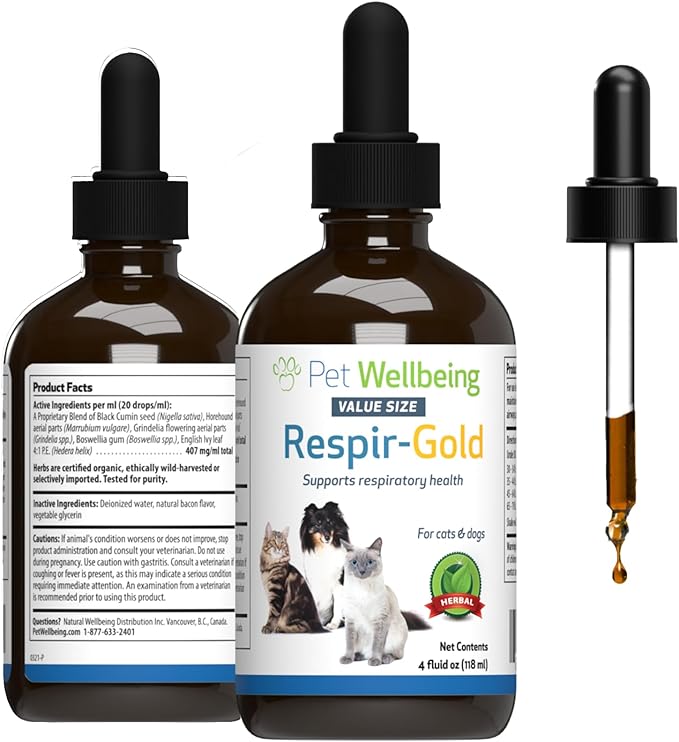 Pet Wellbeing Respir-Gold for Cats - Supports Healthy Breathing, Open Airways, Respiratory Support, Black Cumin, Horehound, Grindelia - Veterinarian-Formulated 4 fl oz (118 ml)