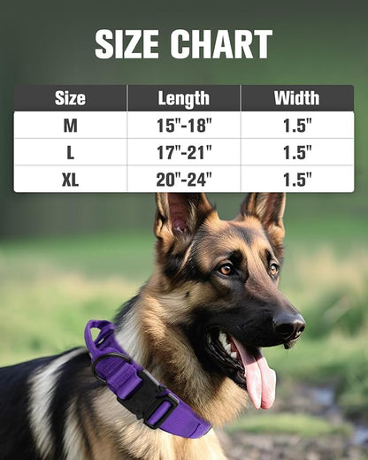 Joytale Tactical Dog Collar with Handle and Metal Buckle, Heavy Duty Padded Military Collar with 2 Patches for Training, Adjustable for Medium Dogs, Purple, M