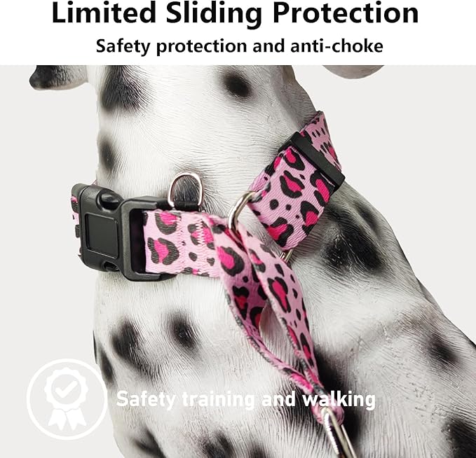Martingale Collar for Dogs with Buckle No Pull Adjustable Nylon Limited Slip Training Dog Collars (Pink Leopard, Medium)