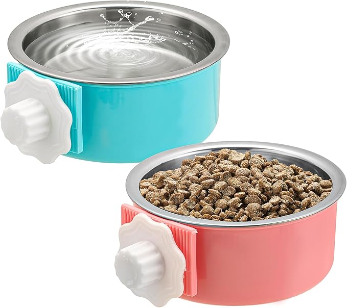 Mechpia 2 Pieces Crate Dog Bowl, Removable Stainless Steel Pet Kennel Hanging Food Water Feeder Bowl Cage Coop Cup for Puppy Medium Dog Cat Rabbit Ferret Bird (Blue,Red)