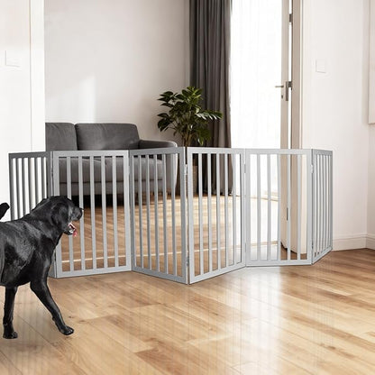 ZJSF Freestanding Indoor Dog Gate for House Foldable Wood Grey Puppy Gate for Doorways Pet Gate for Stairs Extra Wide Pet Fence 32" Height 6 Panels