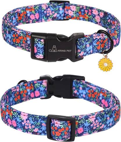 ARING PET Floral Dog Collar, Cute Blue Pink Orange Spring Summer Flower Doggy Pet Collars for Puppy Small Medium Large Girl Female Dogs-S