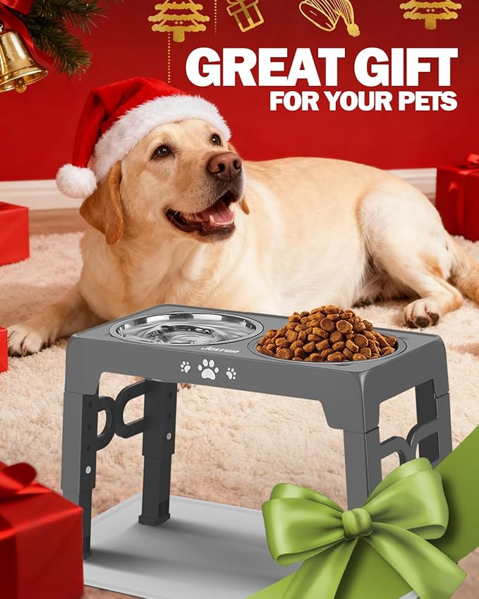 Jovrun Elevated Dog Bowls for Medium Size Dogs with Mat, Non-Slip Dog Feeder with 1*Stainless Steel Dishes & 1*Slow Feeder Bowl, 5 Heights Adjustable Raised Bowls for 3.15″-8.66″-9.84″-11.02″-12.2″