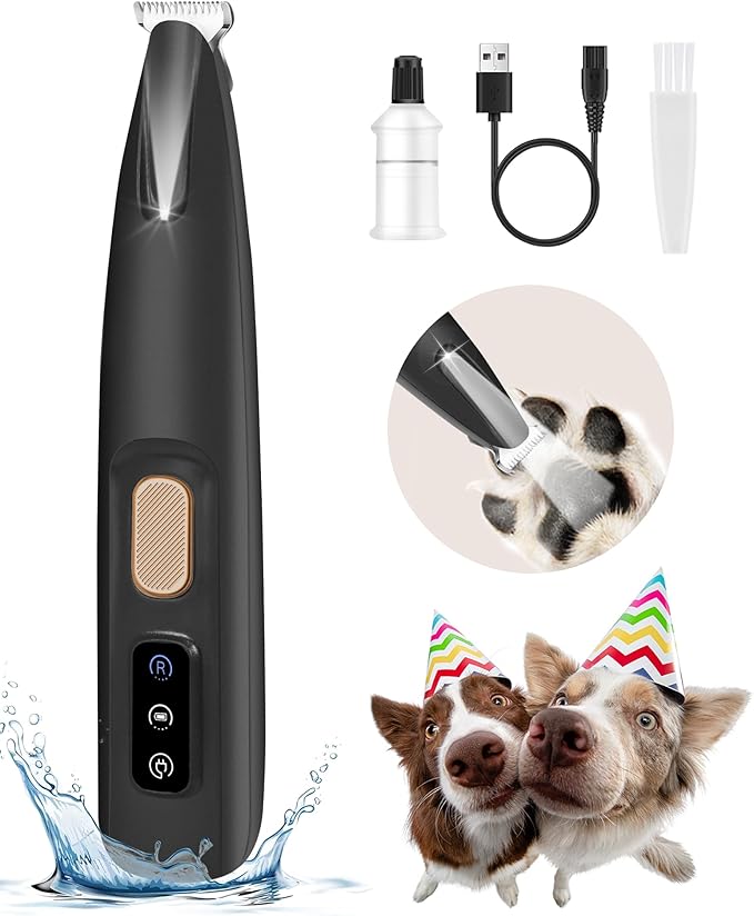 FURBONA Upgraded Dog Paw Trimmer with LED Light, 18 mm Widen Blade, 35 dB Low Noise, LED Display, Fully Waterproof, Rechargeable Clipper for Dogs Cats Trimming Paws, Eyes, Ears, Face, and Rump (Black)