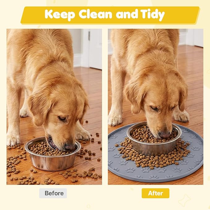 Silicone Pet Food Mat, Dog Dish Mat, Dog Cat Food Mats Small, Silicone Mats for Dogs Bowls, Waterproof Non-Slip Dogs Cat Water Bowl Placemat with Raised Edge, Gray