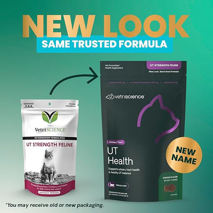 VetriScience UT Health Chews, UT Strength Cranberry and D-Mannose Bladder & Urinary Tract Supplement for Cats, With Bromelain and Probiotics, Chicken, 60 Count