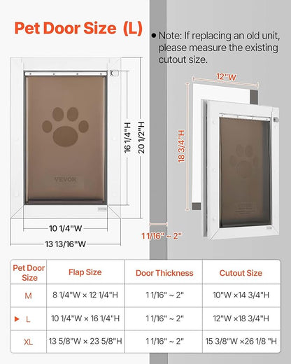 VEVOR Pet Door, Large, with Double Magnetic Flaps and Metal Frame, Strong and Weatherproof Dog Door for Interior and Exterior Doors, Easy to Install, Easy in-and-Out Access for Doggies, White