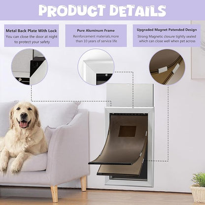 Durable Pet Door, Aluminum Door for Dog and Pets, X-Large Doggie Door with Double Automatic Closing Magnetic Flap, Ideal for Interior and Exterior Doors, Screen and Wall, Weather Resistant