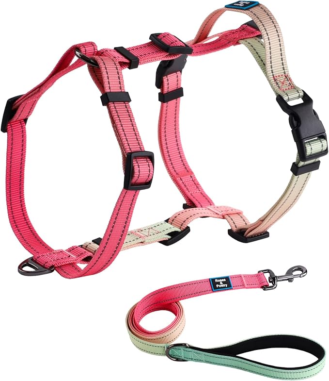 Roses&Poetry Dog Harness for Large Dogs, No-Pull Dog Harness and Leash Set Adjustable Reflective, Dog Vest Harnesses Comfort Padded Handle, Pet Harness for Training Outdoor Walking（Pink-L