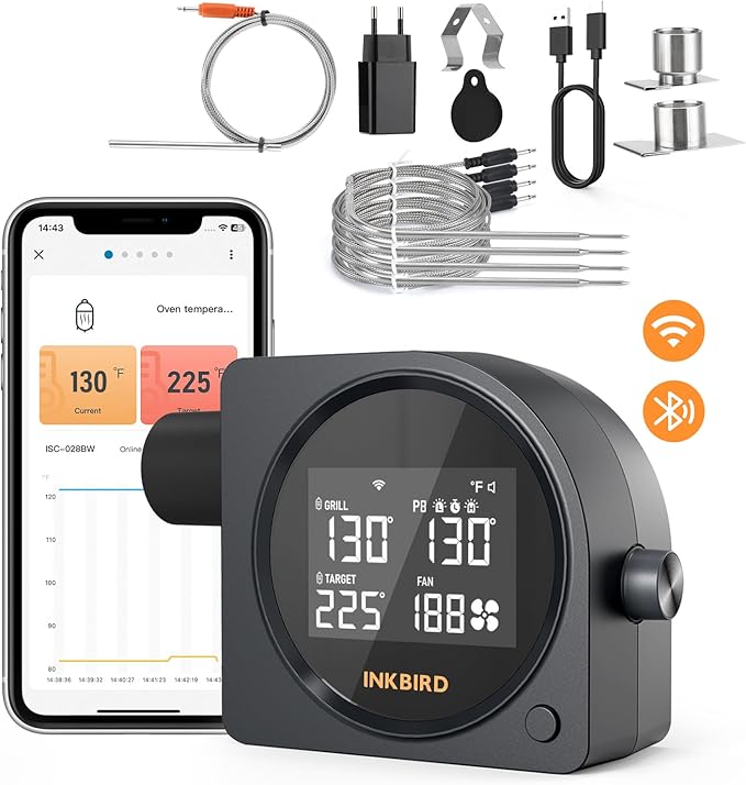 5G Wi-Fi & Bluetooth BBQ Temperature Controller, INKBIRD Automatic Smoker Fan with LCD Screen for Ceramic Grill | Mobile Notification Timer Alarm Calibration for BGE, Kamado, Akorn, Weber, 5 Probes