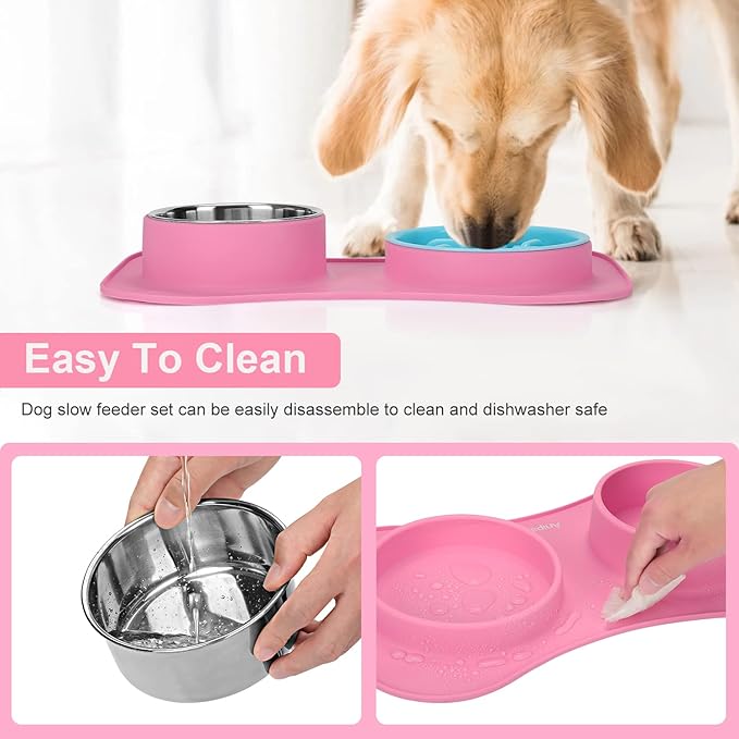 Anipaw Slow Feeder Dog Bowls 3 in 1 Stainless Steel Dog Food and Water Bowls with Non-Spill Non-Skid Silicone Mat to Slow Down Eating for Large Medium Small Breed Size Dogs and Cats