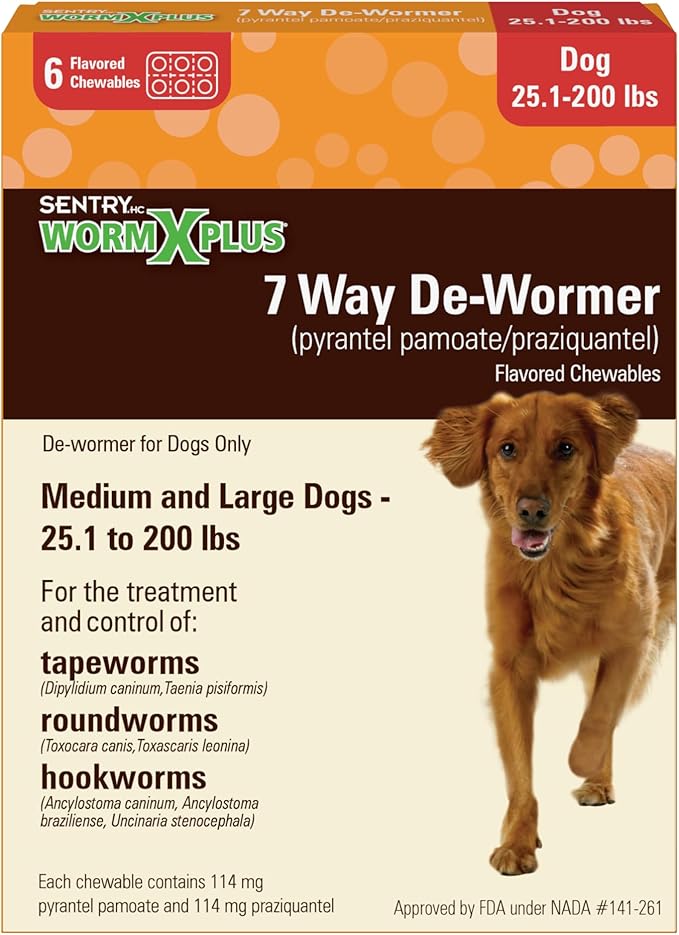 Sentry Worm X Plus 7 Way De-Wormer Chewables for Dogs - Tablets for Medium & Large Dogs (Over 25 lbs) (pyrantel pamoate/praziquantel), 6 Count
