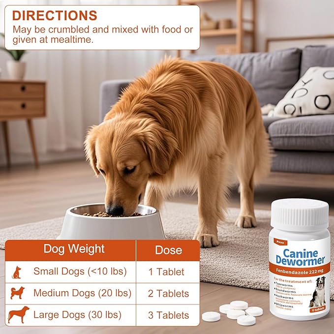 Canine Dewormer (Fenbendazole) for Roundworms, Hookworms, Tapeworms & Whipworms, 6 Chewable Tablets