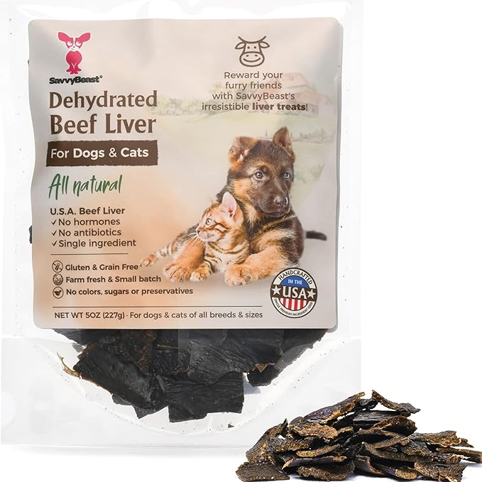SavvyBeast Dehydrated Beef Liver Dog Treats – Gently Air Dried Raw Organ Meat – Healthy, All-Natural, Single Ingredient, Grain-Free Dry Jerky – Training Treats for Dogs & Cats – Made in USA – 5 oz