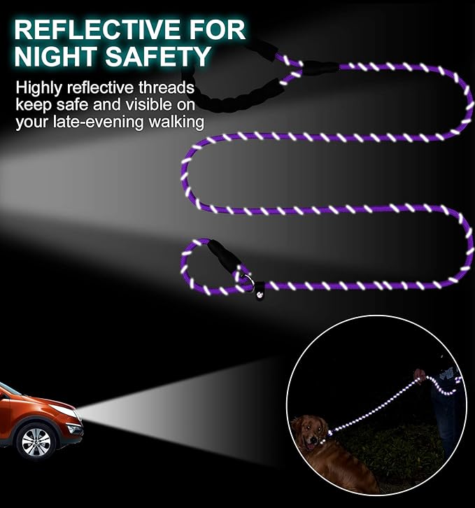 TagME 6ft Slip Dog Lead, No Pull Reflective Training Leash with Padded Handle, Professional Rope P-Leash for Small Medium Large Dogs, Heavy Duty Correction Lead for Walking & Training (Purple)