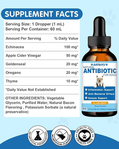 Natural Antibiotics for Dogs - 60ML Dog Antibiotic Drops - Itchy Skin Relief - Allergy Relief - Immune Support - with Organic Natural Ingredients - Bacon Flavor