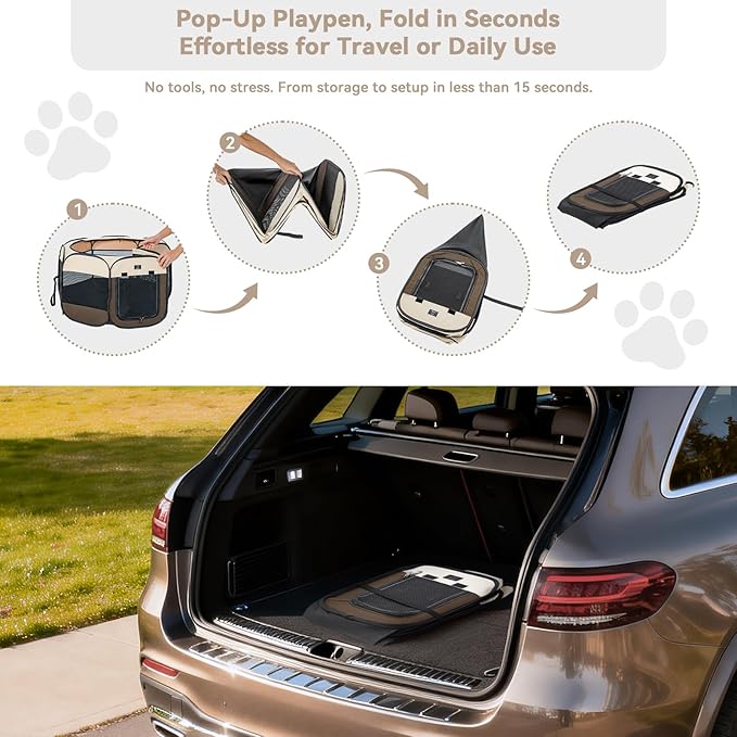 Dog Playpen for Small Dogs & Puppies, 50.39" Portable Indoor Outdoor Puppy Playpen with Bowl, Waterproof Floor, Foldable Pop-Up Pet Pen for Home, Travel & Daily Use, Brown+Beige