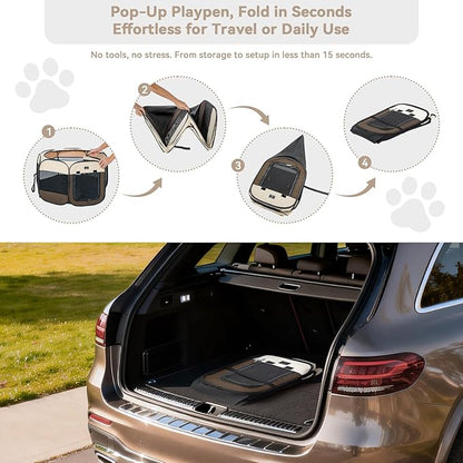 Dog Playpen for Small Dogs & Puppies, 50.39" Portable Indoor Outdoor Puppy Playpen with Bowl, Waterproof Floor, Foldable Pop-Up Pet Pen for Home, Travel & Daily Use, Brown+Beige