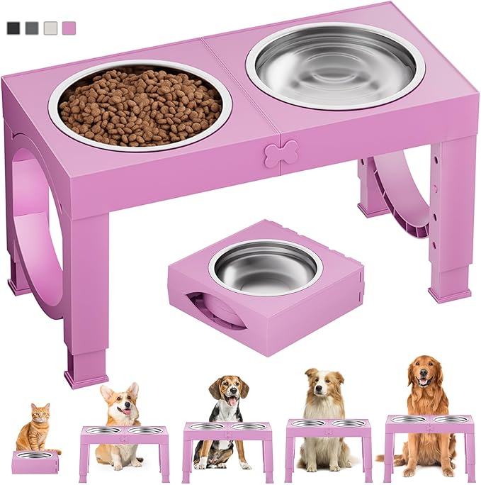XIAZ Elevated Dog Bowls Large Breed Raised Dogs Bowl Stand Large/Medium Sized Dog Stainless Steel Food Water Bowl Stands 5 Heights Adjustable 9/11/12/14in Pet Feeder Dish Station