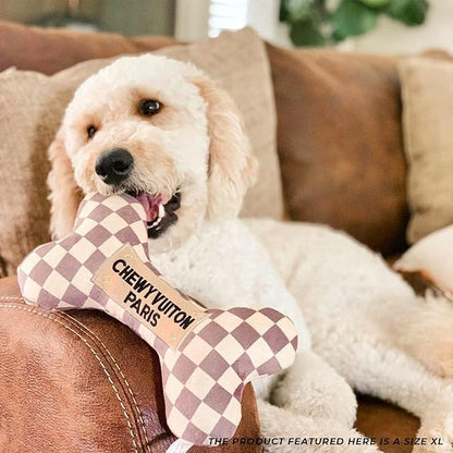 Haute Diggity Dog Chewy Vuiton Bone Plush Squeaky Dog Toy, Soft Durable Designer-Inspired Stuffed Puppy Chew Toys for Small, Medium & Large Dogs, Machine-Washable (Tan Checker) XL