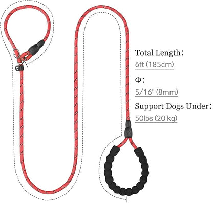TagME 6ft Slip Dog Lead, No Pull Reflective Training Leash with Padded Handle, Professional Rope P-Leash for Small Medium Large Dogs, Heavy Duty Correction Lead for Walking & Training (Red)